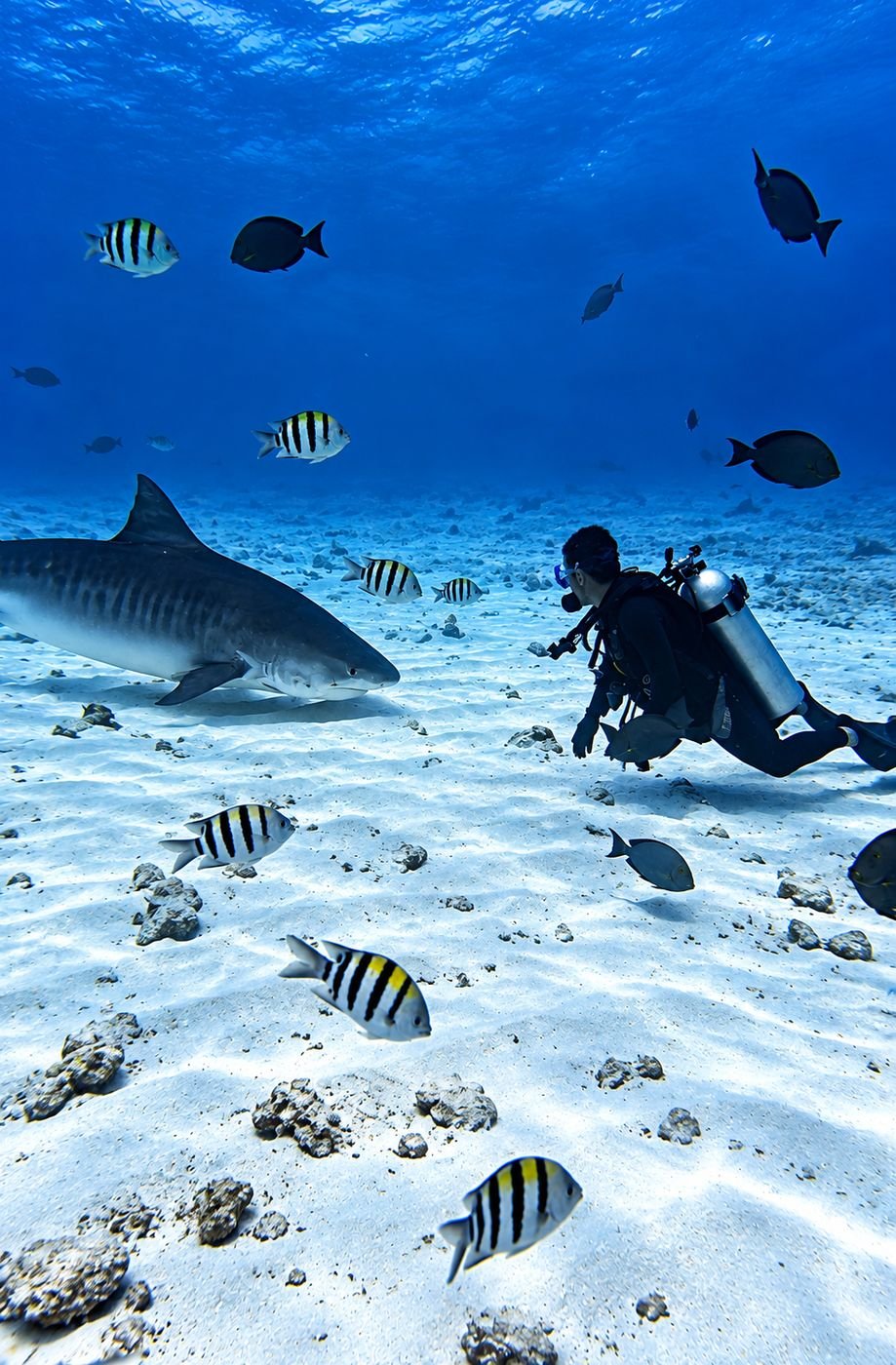 Diver watching a tiger shark